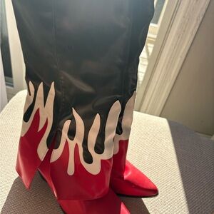AKIRA Red and Black Flame Heeled Boots
